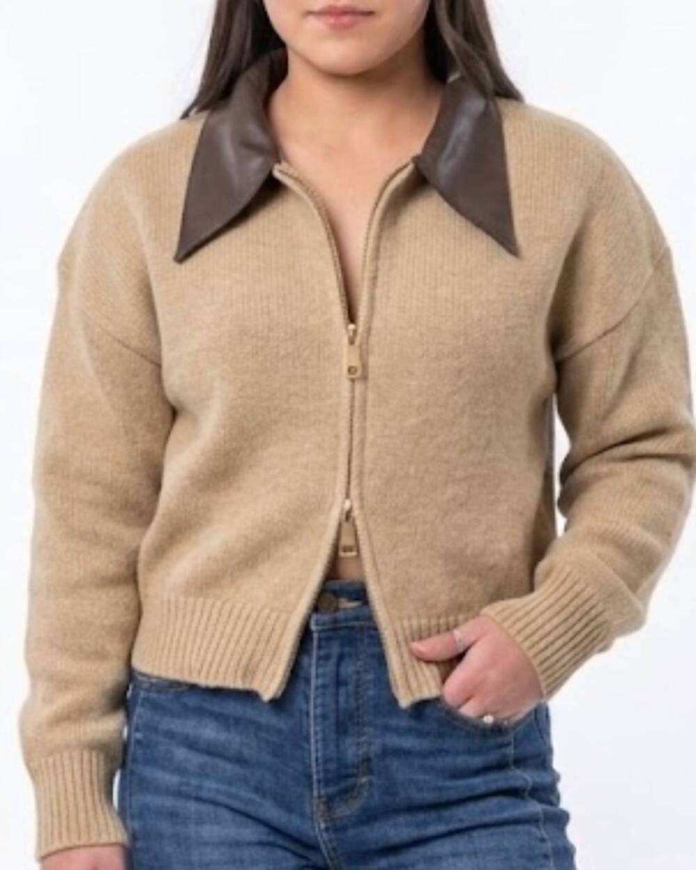 NEW EE:SOME double zip faux leather collared sweater jacket in hazel brown